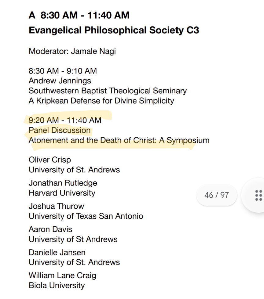 Join me, Oliver Crisp, <a href="/JCRutledge42/">Jonathan C Rutledge</a>, Joshua Thurow, and Danielle Jansen at the <a href="/epsociety/">EPSOCIETY.ORG</a> annual meeting for a panel discussion of William Lane Craig's (<a href="/RFupdates/">Reasonable Faith</a>) book "Atonement and the Death of Christ!"