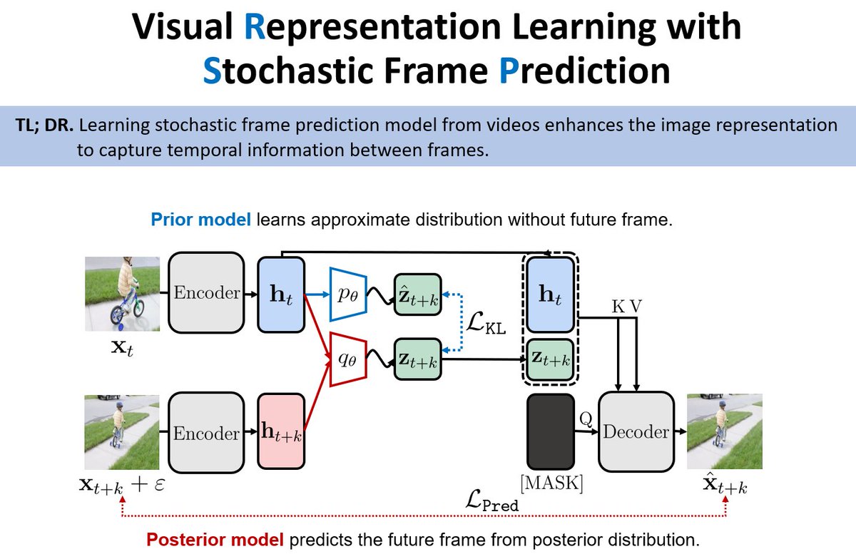 younggyoseo's tweet photo. Excited to present RSP: Representation learning with Stochastic frame Prediction, a new method that learns image representations from videos by training stochastic frame prediction model 🖼️

#ICML2024 

Paper: https://t.co/FhMZxsIxnr https://t.co/0OdUczOTrS