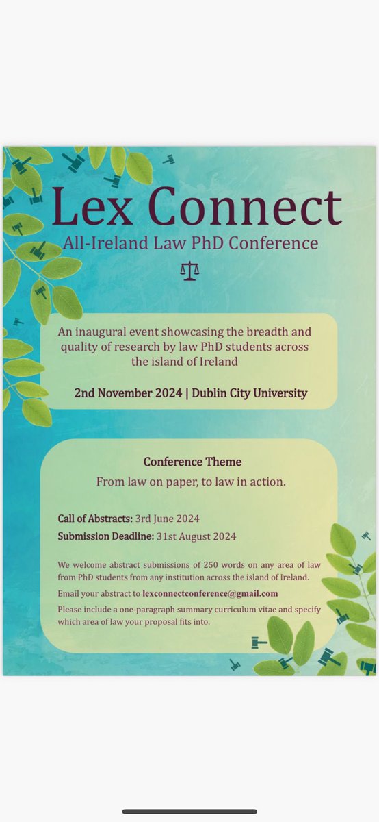 Conor Flannery (@conorflann1) on Twitter photo Gentle reminder to my fellow PhD colleagues based on the island of Ireland, the call for abstracts closes on the 31st August.We have a great line up of academic speakers for panels on careers and methodology.Don’t miss out on a great day in November in <a href="/LawGovDCU/">Law and Gov DCU</a> @LexConnectConf Gentle reminder to my fellow PhD colleagues based on the island of Ireland, the call for abstracts closes on the 31st August.We have a great line up of academic speakers for panels on careers and methodology.Don’t miss out on a great day in November in <a href="/LawGovDCU/">Law and Gov DCU</a> @LexConnectConf