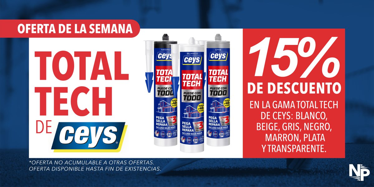 Una semana más, regresa la oferta de la semana, y esta semana vuelve con una de las marcas que más triunfa: CEYS.
Esta semana, solo en Azulejos Nicolás Pastor, llévate cualquier producto de la gama TOTAL TECH de CEYS con un 15%.
¿Vas a dejar pasar esta oportunidad? Te esperamos.