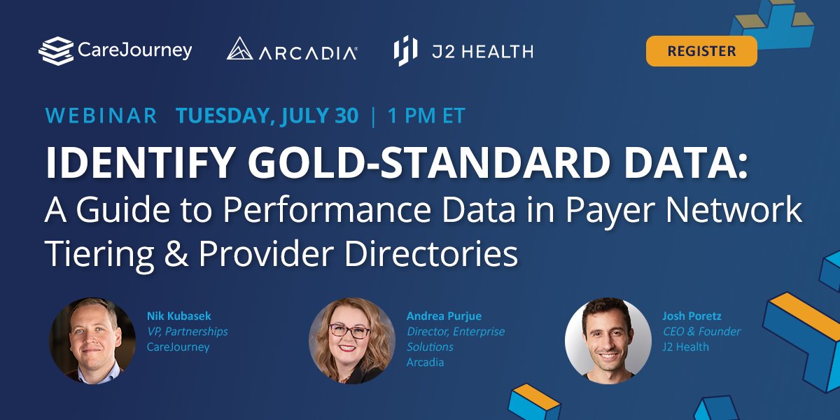 CareJourney's tweet photo. Is your high-performing provider network truly high-performing? Join our upcoming discussion featuring leaders from CareJourney, @ArcadiaHealthIT, and @J2_Health to learn how to ingest robust analytics to improve provider tiering, network building, &amp; more: https://t.co/svzI80kHsc https://t.co/GStU64xVEn
