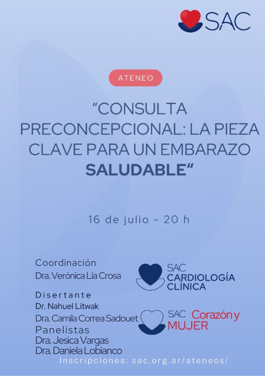 Consejo de Cardiología Clínica y Terapéutica🩺 SAC (@clinicasac) on Twitter photo 🔵Ateneo Conjunto con <a href="/CorazonyMujer/">Corazón y Mujer Dra Liliana Grinfeld - SAC/FCA</a>. Consulta preconcepcional: la pieza clave para un embarazo saludable.
🗓️Hoy, 16 de Julio a las 8PM🇦🇷. No te lo pierdas!
🆓Inscribite sin costo y desde cualquier parte del mundo🌐:
sac.org.ar/evento/consult…
#Cardiox #Cardiology #HeartHealth 🔵Ateneo Conjunto con <a href="/CorazonyMujer/">Corazón y Mujer Dra Liliana Grinfeld - SAC/FCA</a>. Consulta preconcepcional: la pieza clave para un embarazo saludable.
🗓️Hoy, 16 de Julio a las 8PM🇦🇷. No te lo pierdas!
🆓Inscribite sin costo y desde cualquier parte del mundo🌐:
sac.org.ar/evento/consult…
#Cardiox #Cardiology #HeartHealth
