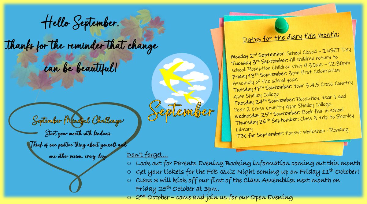 Find our Parent Planner at the link below. It will stay on the school website, get updated throughout the year and I will share each months page weekly in place of the current reminders.
Here is September to help you plan ahead.
Miss B 
birdsedgefirst.org/parents/parent…