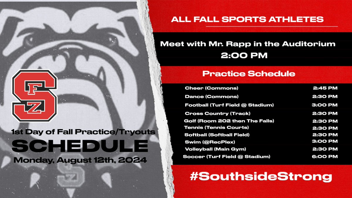 Good Morning Dogs!!! Here's our Day #1 Schedule for Fall Practice/Tryouts on August 12th 

Make sure you are registered at fzs-ar.rschooltoday.com BEFORE the first day of practice!