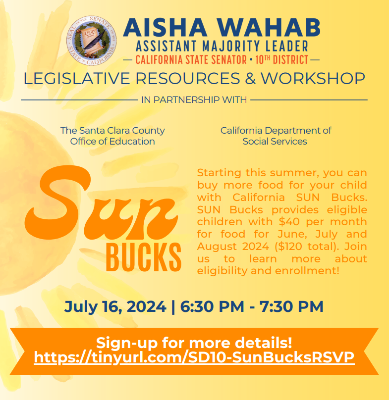 TONIGHT! Federally funded program serves all Counties. Funds for food for children. Register to learn more about eligibility &amp; enrollment: sd10.senate.ca.gov/sunbucks-rsvp #children #food #support