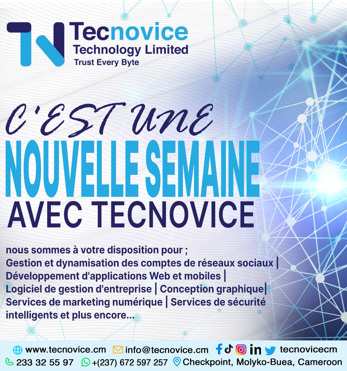 tecnovice's tweet image. Commencez votre semaine avec Tecnvoice ! 🚀 De la gestion des réseaux sociaux au développement d&apos;applications web et mobiles, nous vous avons couvert. Faites confiance à chaque octet avec Tecnvoice. 🌐 #Tecnvoice #SolutionsNumériques #NouvelleSemaine
