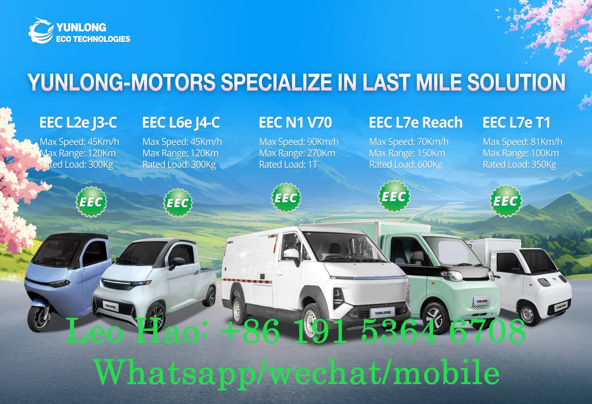 YunLong49737947's tweet image. All EEC Homologated Electric Delivery Vehicles for Eco Transportation.
📞 Contact Leo Hao Now! 📞
Phone: 0086 191 5364 6708
Email: leo@bev-cars.com
WhatsApp/WeChat: 0086 191 5364 6708
✨ The Future is Now. Join Yunlong Motors Today! ✨

#ev
#deliveryvehicles
#cargocars