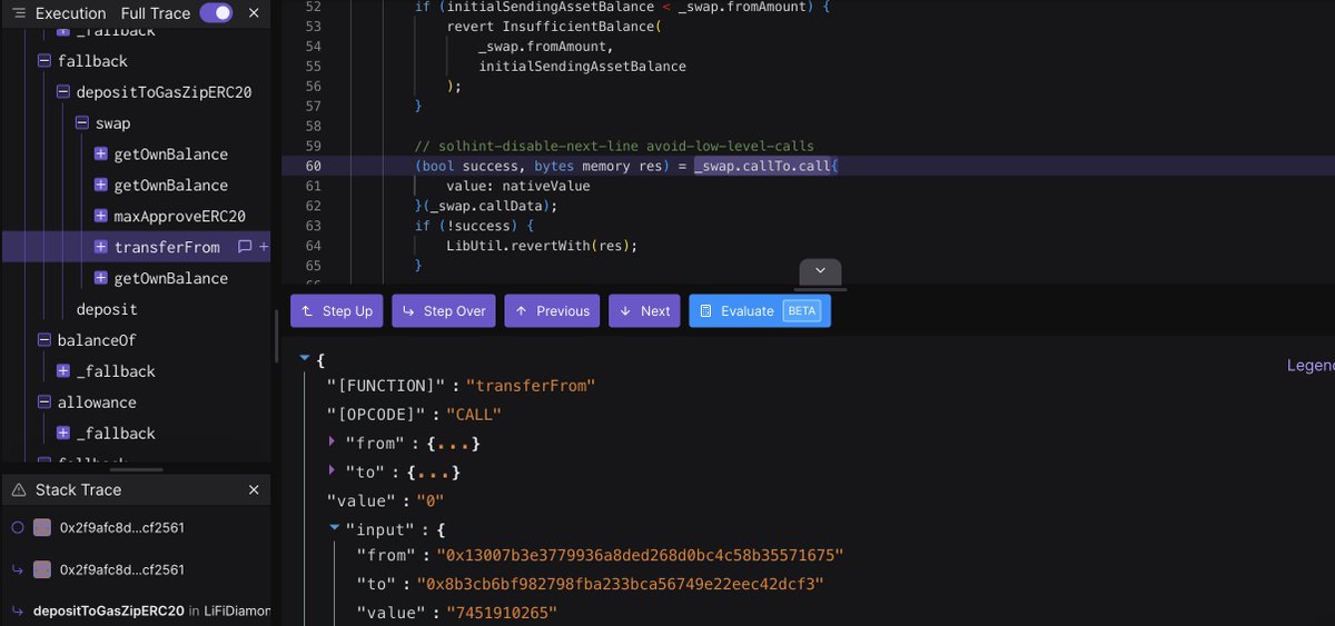 binenetxyz's tweet photo. Our analysis reveals that the depositToGasZipERC20 function of the GasZipFacet contract in LiFiDiamond did not validate the LibSwap.SwapData parameter, leading to the attack. The call chain indicates that the attacker ultimately accessed the swap function within the LibSwap library. This function failed to verify the callTo parameter in _swap.callTo.call, enabling the attacker to invoke the transferFrom of the stablecoin contract and transfer assets from authorized users. Notably, the attacker had pre-deployed multiple contracts to circumvent the parameter checks within the swap function, allowing all functions in the attack chain to execute as intended.

We reiterate the importance of conducting comprehensive code security audits and regression testing for DeFi contract code before formal deployment on the blockchain. This ensures that all business logic is correctly implemented and that parameters are strictly verified to prevent such vulnerabilities.

https://t.co/btjI4ZkEaS