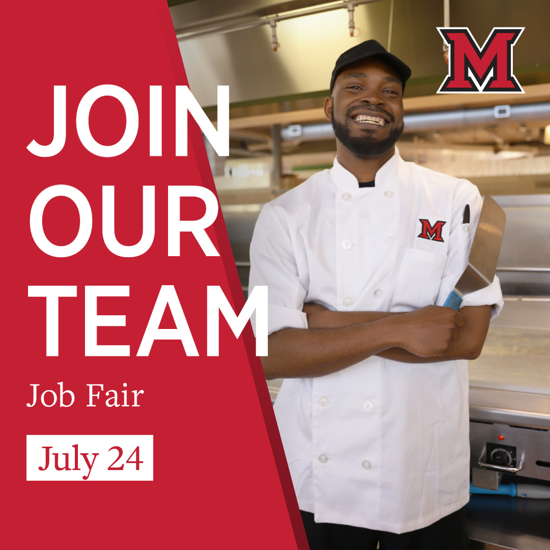 🍽️ Join our Miami Dining team! 🌟 We're looking for passionate individuals to join us at our upcoming job fair at The Marcum Hotel and Conference Center on July 24.

More Info: miamioh.edu/human-resource…

#MiamiDining