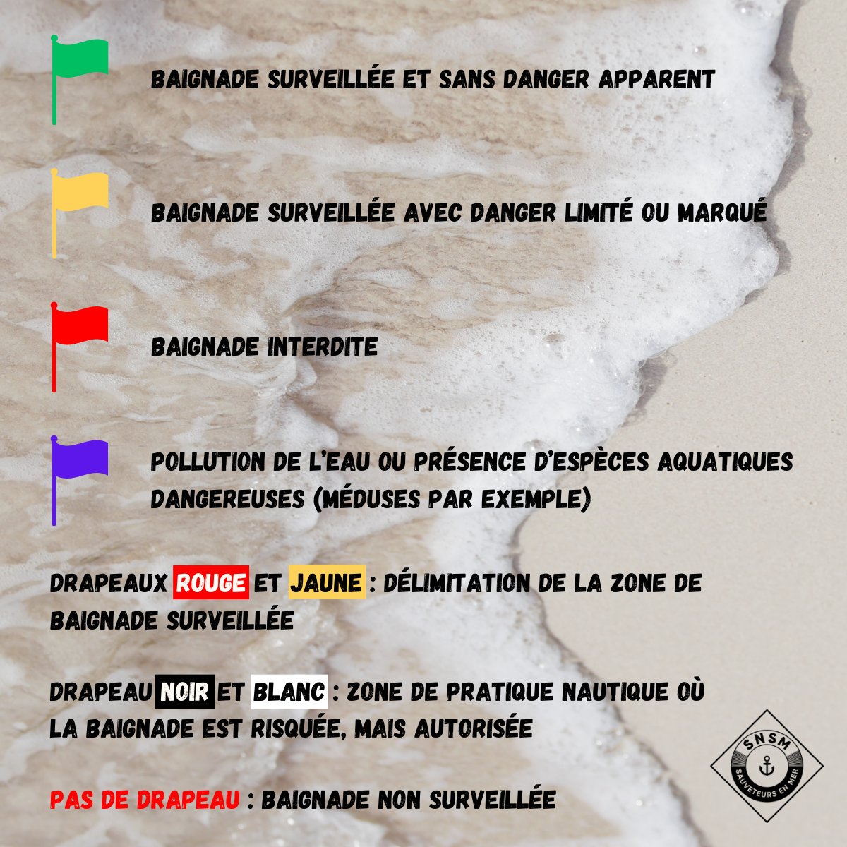 SauveteursenMer's tweet photo. Les #conseils de l'#été ☀️ Avant de vous jeter à l’eau, véri­fiez la couleur du drapeau en arri­vant sur la plage 🏖️ Découvrez les significations des drapeaux et les conseils des #SauveteursenMer #SNSM pour profiter de vos vacances en toute tranquillité 💡 https://t.co/HCCDWGQGGH https://t.co/ldv1R7f0Zn
