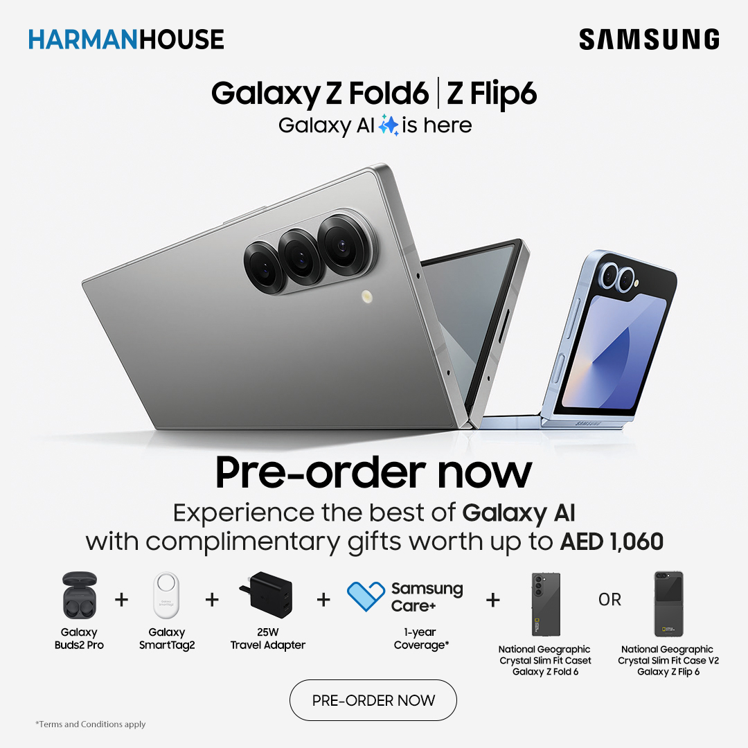 HarmanHouseME's tweet photo. Pre-order now and receive complimentary gifts with the Galaxy Z Fold6, Z Flip6, Galaxy Watch Ultra, Watch 7, and Buds 3 Pro! #GalaxyZFold6 #GalaxyZFlip6 #GalaxyWatchUltra #GalaxyWatch7 #Buds3Pro #PreOrderNow #ComplimentaryGifts https://t.co/B45G6cmWbj