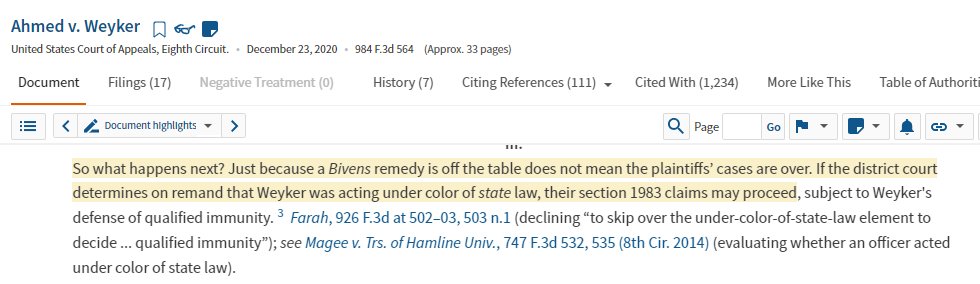 pjaicomo's tweet photo. Because Weyker had been cross-deputized, she was wielding both state and federal power. So the girls sued her under Bivens (federal color) and Section 1983 (state color). In Hamdi's case, the 8th Cir. held there was no Bivens remedy-Weyker got #FederalImmunity. BUT: 5/ https://t.co/bO8LGaE82o