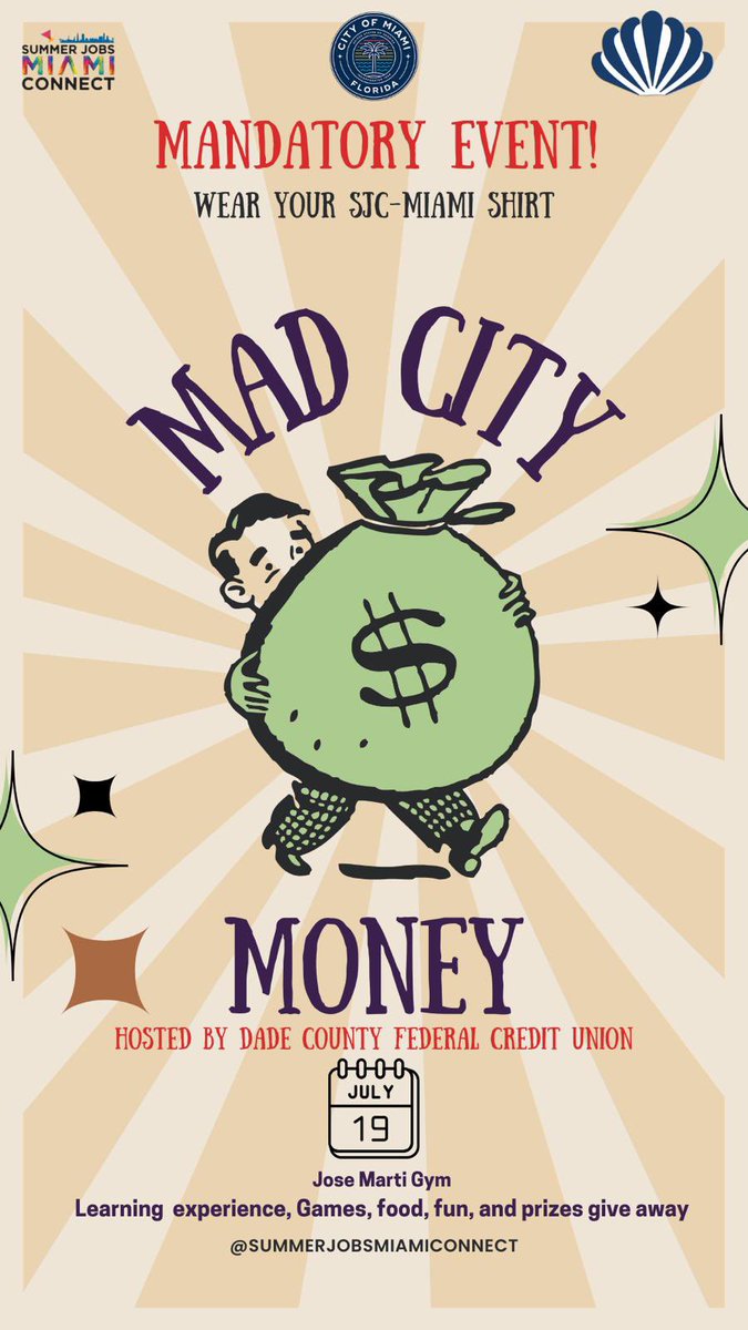 🌴Summer Jobs MIA🌴 (@summerjobsmiami) on Twitter photo The 2nd annual MAD CITY MONEY EVENT IS HERE. HOSTED BY DADE COUNTY FEDERAL CREDIT UNION IN SUPPORT OF THE SJC-MIAMI PROGRAM
THIS EVENT ISN'T OPEN TO THE GENERAL PUBLIC ONLY FOR SUMMER YOUTH EMPLOYEES.
#summerjobsconnectmiami #summerjobsconnect #cityofmiami <a href="/CityofMiami/">City of Miami</a> <a href="/DCFCU/">Dade County Federal Credit Union</a> The 2nd annual MAD CITY MONEY EVENT IS HERE. HOSTED BY DADE COUNTY FEDERAL CREDIT UNION IN SUPPORT OF THE SJC-MIAMI PROGRAM
THIS EVENT ISN'T OPEN TO THE GENERAL PUBLIC ONLY FOR SUMMER YOUTH EMPLOYEES.
#summerjobsconnectmiami #summerjobsconnect #cityofmiami <a href="/CityofMiami/">City of Miami</a> <a href="/DCFCU/">Dade County Federal Credit Union</a>