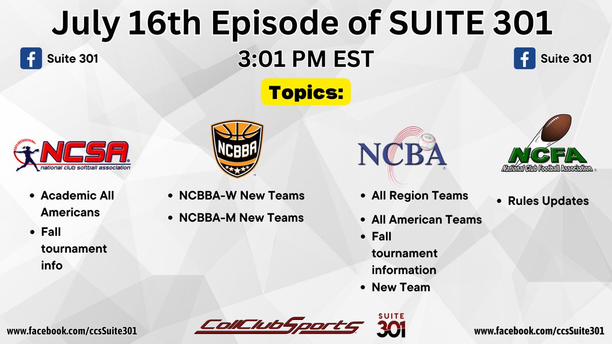 🚨SUITE 301 TODAY🚨     

Make sure to go like the Suite 301 Facebook page (facebook.com/ccsSuite301) so that you can enjoy the show starting @ 3:01 PM EST
