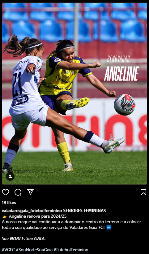 <a href="/ValadaresGaiaFC/">Valadares Gaia FC</a> Midfielder <a href="/angeline_82/">Da Costa Angeline</a> has renewed her contract with <a href="/ValadaresGaiaFC/">Valadares Gaia FC</a>. Angeline scored 1⃣⚽️ and provided 3⃣🅰️ in 2⃣8⃣ games last season.