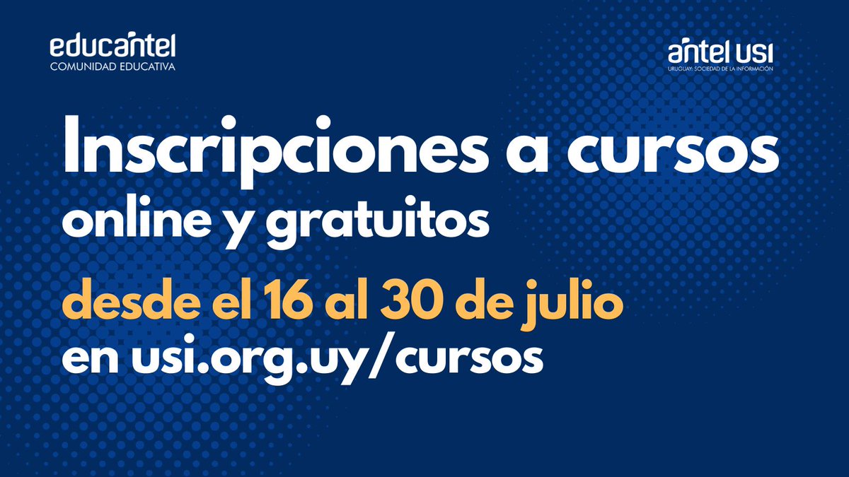 Antel USI y Educantel tienen el agrado de anunciar que desde el 16 y hasta el 30 de julio es el período de inscripciones para los cursos a distancia a dictarse en agosto por Educantel. 
Por consultas o gestión de usuario para la inscripción escribir a: educantel@antel.com.uy