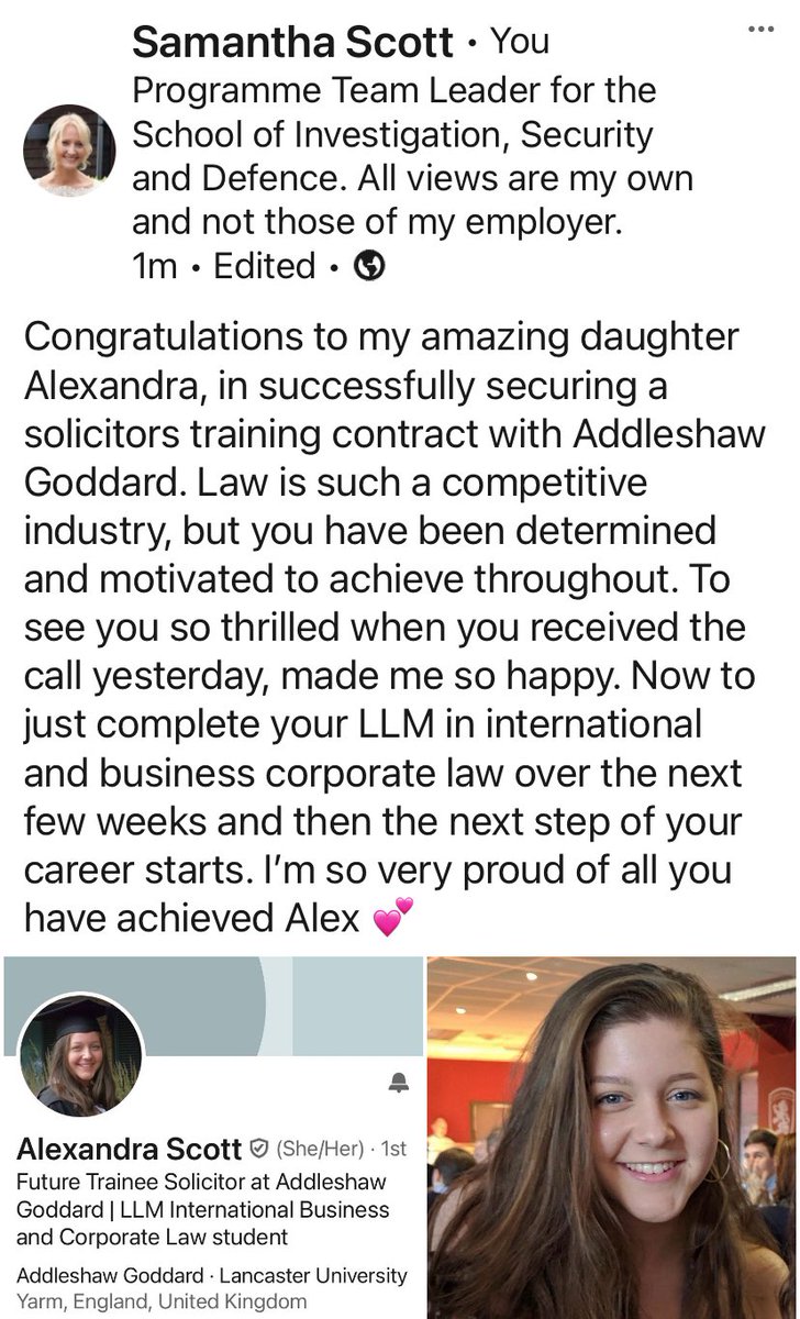 So thrilled for my daughter Alexandra. It’s been a nervous wait but she has now secured a solicitors training contract with Addleshaw Goddard. Proud doesn’t even come close. Well done Alex 💕🍾🥂
