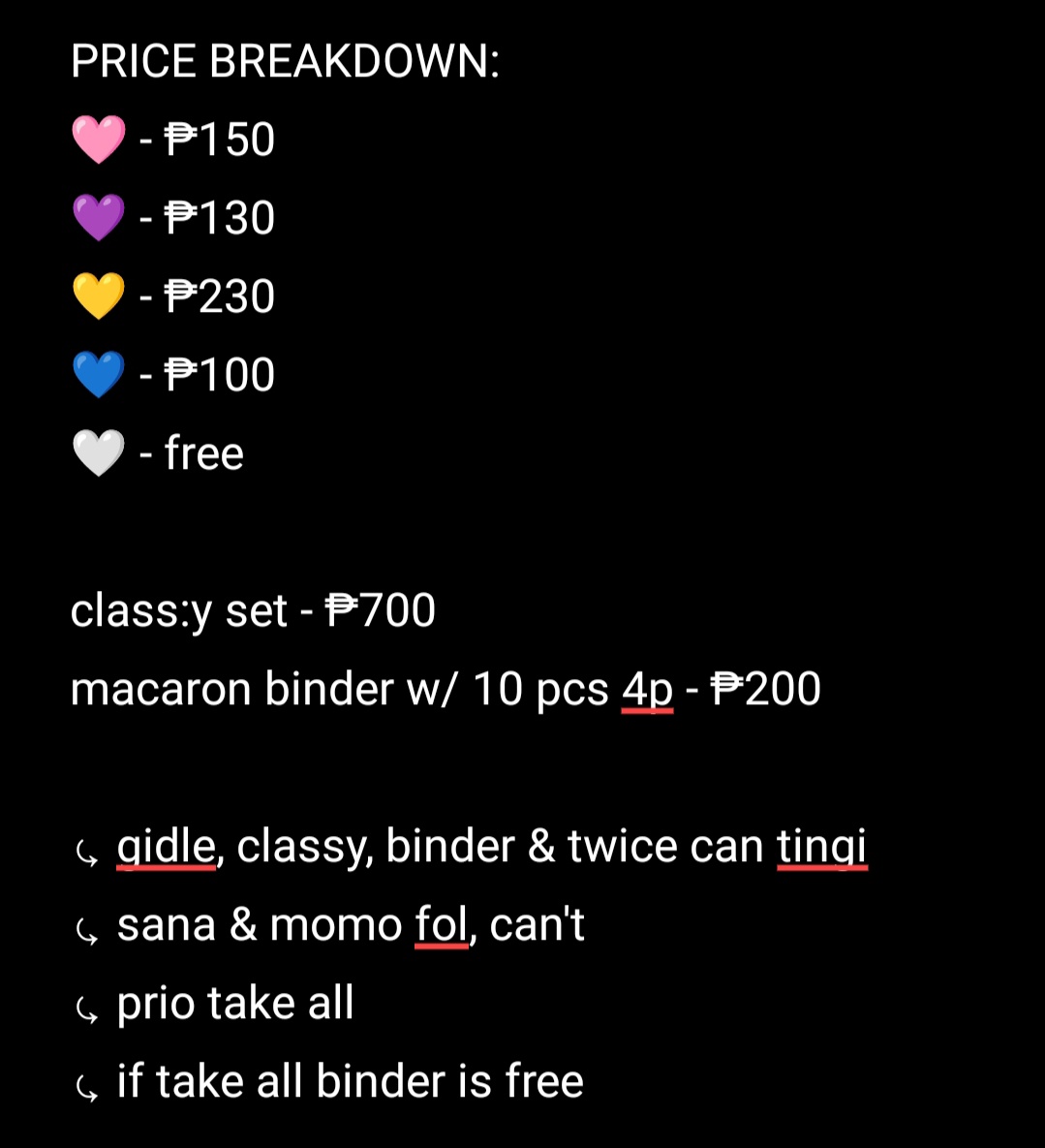 mmsncart's tweet photo. :¨·.·¨:
 `·. wts lfb ph quitting

⤿ twice (g)-idle class:y

⤿ mop: gcash
⤿ mod: ggx
⤿ 💌 inquiries

⤿ sana b1&amp;2 sold as set = ₱650
⤿ others can tingi

## nayeon jeongyeon momo sana jihyo mina dahyun chaeyoung tzuyu between b1&amp;2 fol gidle classy minnie jimin boeun binder a5 https://t.co/RjhT5tMzLp