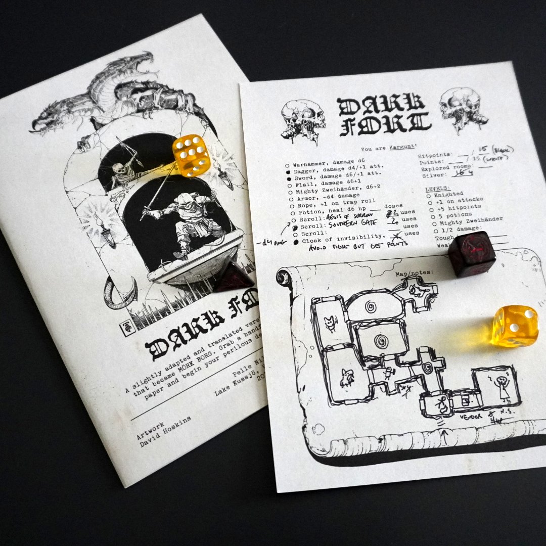 A two-part series exploring Dark Fort, the solo/micro game that became MÖRK BORG: skeletoncodemachine.com/p/dark-fort-th… #morkborg