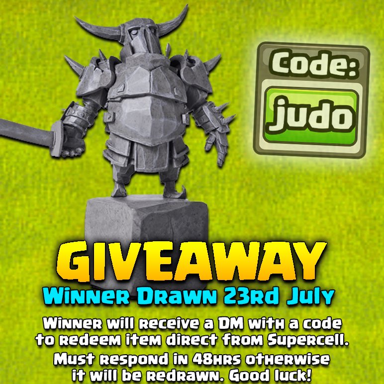 A PEKKA Statue! The First of Four Giveaways (the second is on my Discord server right now). This is from my video Beating Clash of Clans with a Level 1 Account. To Enter:

🔁 Retweet this post and Follow Me!

Winner Drawn Tuesday 23rd July. Good luck! #GiftedbySupercell