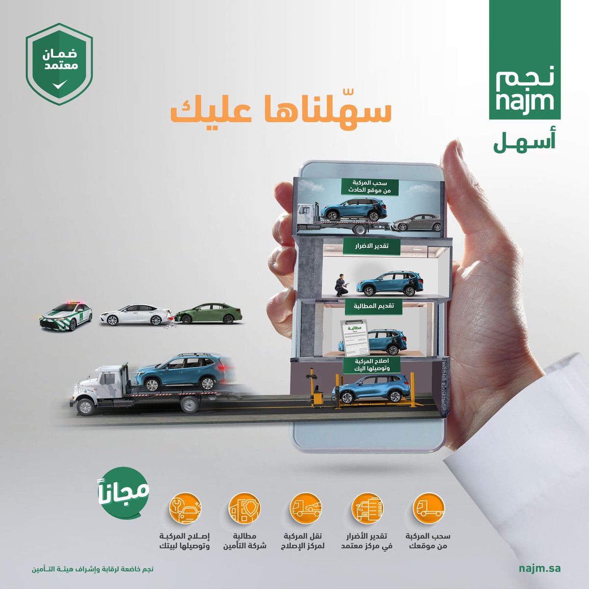 AlwatanSA's tweet photo. منظومة شبكة إصلاح المركبات #نجم_أسهل، أطلقتها شركة نجم لتقديم الدعم الكامل للمتضررين من حوادث الطرق، حيث تعفيهم من أعباء تقديم المطالبات والمتابعة مع مراكز التقدير والإصلاح، و تتولى شركة نجم تقديم هذه الخدمة المتكاملة والمضمونة مجاناً وبدون رسوم. https://t.co/Vr7Kr3j67p