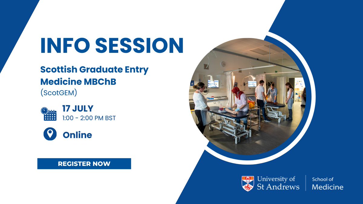 StAndMedicine's tweet photo. 🚨 TOMORROW: Join our Scottish Graduate Entry Medicine (#ScotGEM) MBChB info session! Our 4-year degree prepares you for GP, general surgery or physician roles or specialisation in any branch of medicine via standard postgraduate training.

Register now: https://t.co/EvNdRBKfag https://t.co/44QeCdj3m3