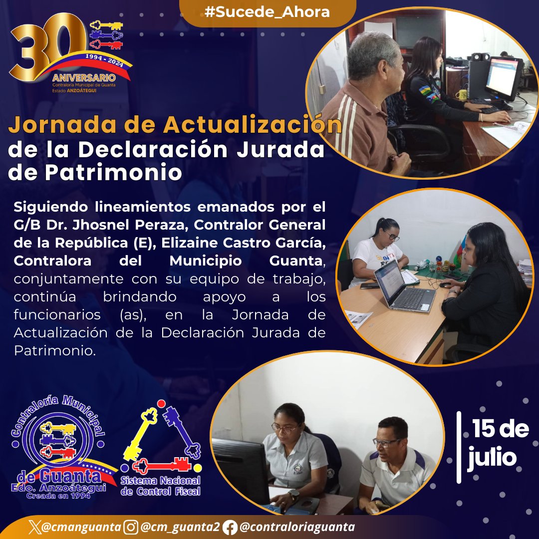 CMANGuanta's tweet photo. Elizaine Castro García, Contralora del Municipio Guanta, conjuntamente con su equipo de trabajo, continúa brindando apoyo a los funcionarios (as), en la Jornada de Actualización de la Declaración Jurada de Patrimonio. https://t.co/1nohZck7uD
