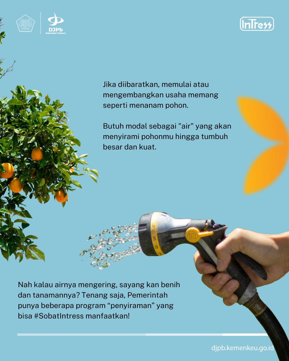 DJPb_Kemenkeu's tweet photo. Punya usaha tapi butuh modal tambahan? Ibarat pohon, agar usahamu tidak layu pastinya kita harus “menyiraminya” dengan modal kan? Nah Pemerintah punya solusinya biar usahamu tidak gagal panen✨
Apa saja sih program yang bisa dimanfaatkan #SobatIntress? Langsung cek di tweet ini! https://t.co/EvxUpe7ILn