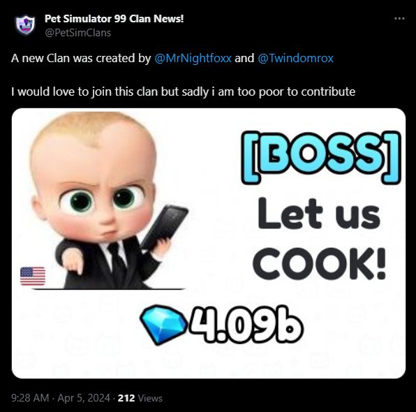 It has been 6 months since I started this Pet Simulator 99 Clan News account. I made my first post on April 5 2024.

I started made and started posting Pet Simulator 99 Clan news because I was bored and I never expected it to become this popular. Thank you guys so much!