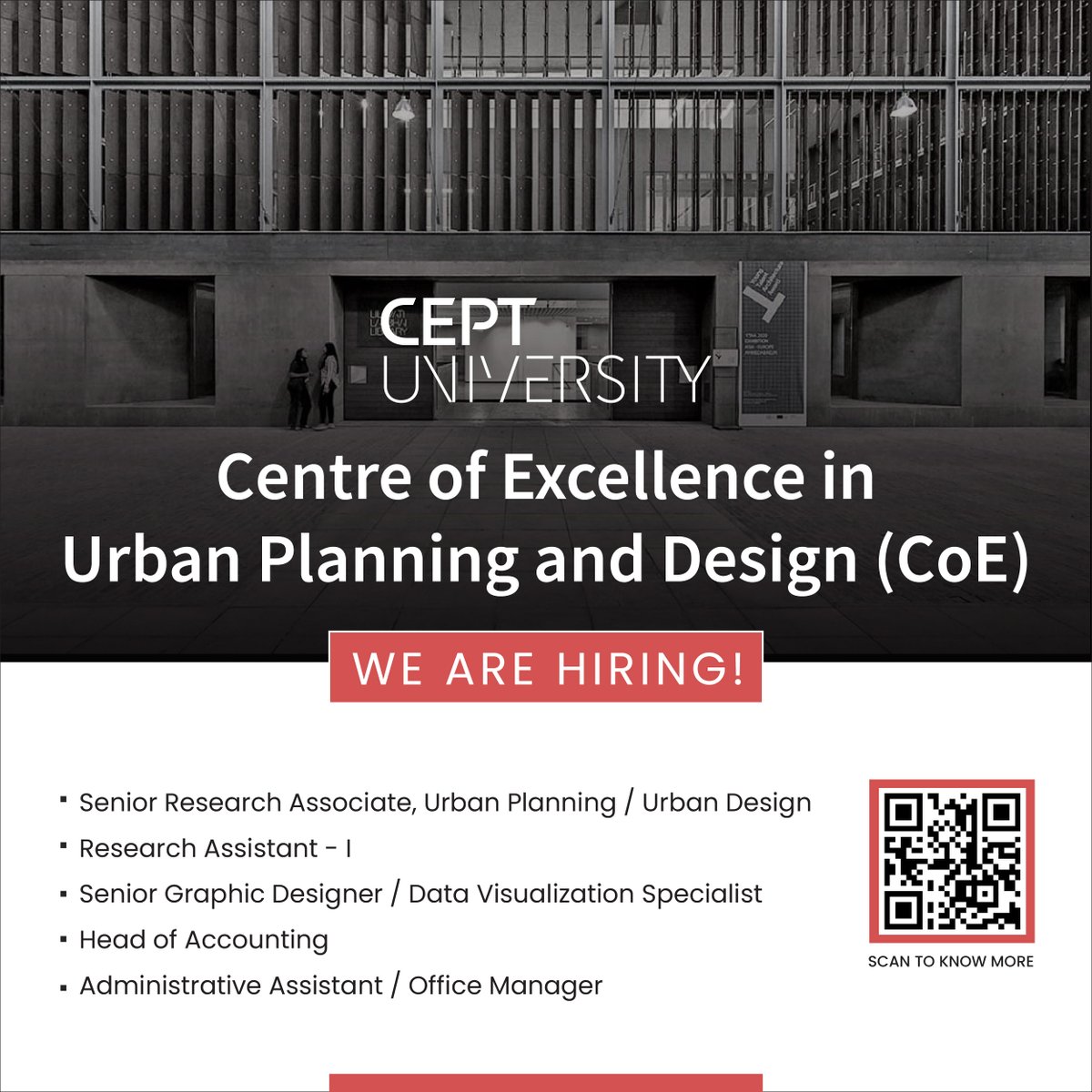 CoE at CEPT University is Hiring 
Sr Research Associate, Urban Planning/Urban Design | Research Assistant - I | ⁠Sr Graphic Designer/Data Visualization Specialist | Head of Accounting | Administrative Assistant/Office Manager 
See more - cept.ac.in/818/careers
<a href="/CeptResearch/">CEPT Research & Development Foundation</a>