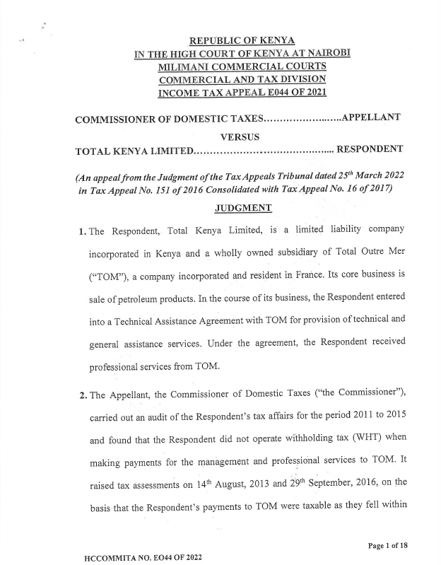 The High Court affirms that WHT on Management
and Professional fees is not payable in Kenya
under the Kenya-France DTA.