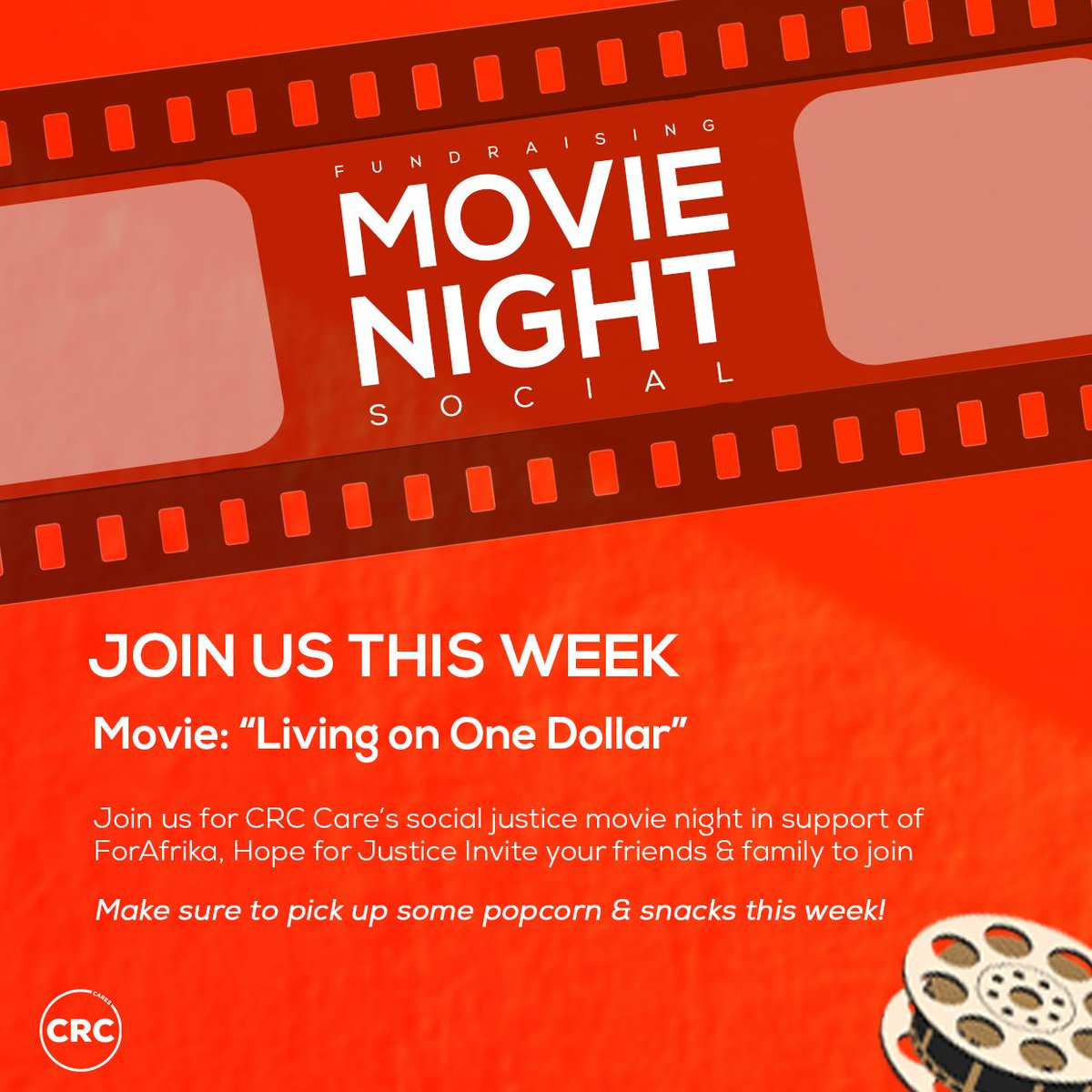 Lights, camera, charity! 🎥 Join us for our movie night as we raise funds for a good cause. Don't forget to bring a friend and your favourite snack! 🍿

Contact your Homecell leader for more information.
#MovieNight #RaisingFunds #Charity