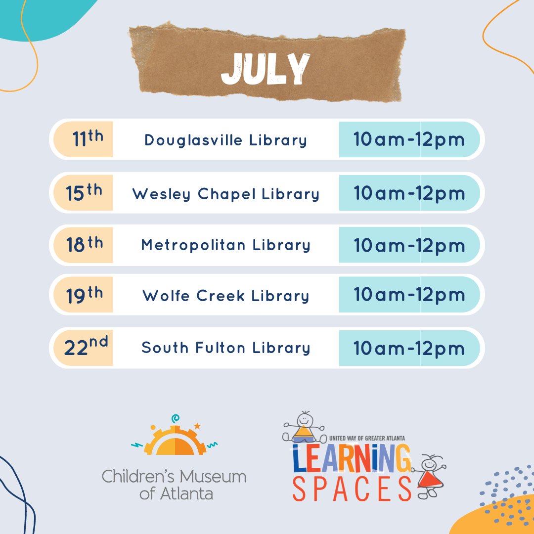 ChildMuseumATL's tweet photo. Visit our #MobileLearningSpaces around Atlanta! 🤗 Meet us at your local library and enjoy a unique learning experience provided by CMA educators!

⁠For more info please contact DeWayne Morgan, Learning Spaces Educator at 404-653-9276 or dmorgan@childrensmuseumatlanta.org.⁠ https://t.co/eacRVRLfQ0