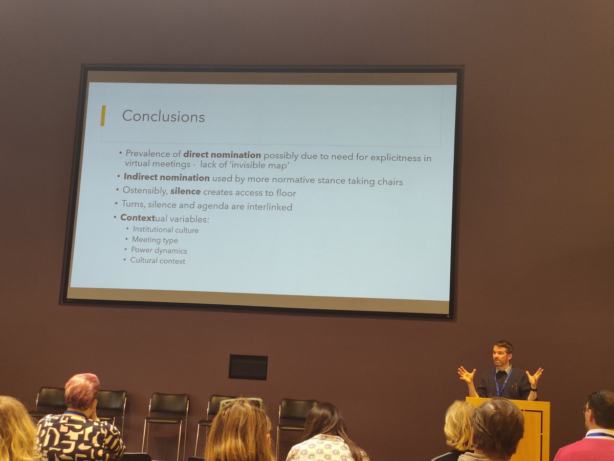 MOMeachair's tweet photo. @WriteStuffChris presenting research by the group (see pic for titles &amp; auths) on the management of virtual meetings.
One tl;dr is that meetings contain more silences when there is no chair, another is that questions beginning with any* are freq followed by silence.
#ivacs2024 https://t.co/MUQlmTJFZ1