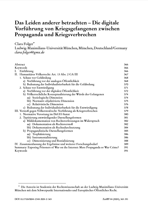 ZaöRV | Heidelberg Journal of International Law (@zaoerv) on Twitter photo Many congratulations! Clara Folger received the "<a href="/LMU_Muenchen/">Universität München</a> Research Award for Excellent Students" for her article in the current issue of #ZaöRV. In her award-winning piece, Folger discusses the lawfulness of the digital display of prisoners of war: nomos-elibrary.de/10.17104/0044-… Many congratulations! Clara Folger received the "<a href="/LMU_Muenchen/">Universität München</a> Research Award for Excellent Students" for her article in the current issue of #ZaöRV. In her award-winning piece, Folger discusses the lawfulness of the digital display of prisoners of war: nomos-elibrary.de/10.17104/0044-…