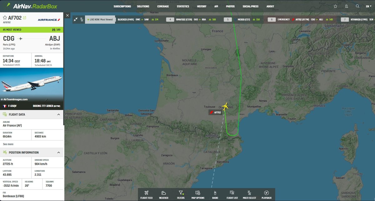AvSourceNews's tweet photo. @RadarBoxCom AF702 appears to be descending and is now tracking north-easterly. It is unclear what the issue is onboard the aircraft.
https://t.co/GnVE0cFN8O
@RadarBoxCom
#AirFrance #AF702 #Paris #Abidjan #AvGeek #Boeing #B777 https://t.co/5yw2siDjSL