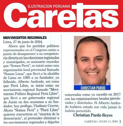 Christian_Pardo's tweet photo. Publicada en la Revista "Caretas" 11/07/24
MOVIMIENTOS REGIONALES
Por: Christian Pardo
Ahora que los partidos políticos representados en el Congreso están a punto de desaparecer a su competencia directa en las elecciones regionales y municipales... https://t.co/Z9rFq3uxVP