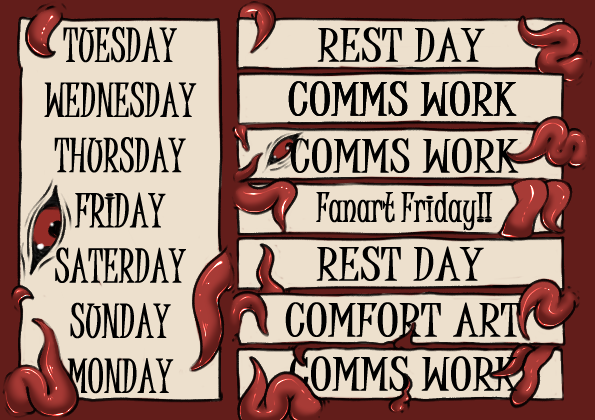 LTNTBlythe's tweet photo. schedule for the week

plan is to potentially have some comms slots open end of july ^^ https://t.co/hxhx93dqyc