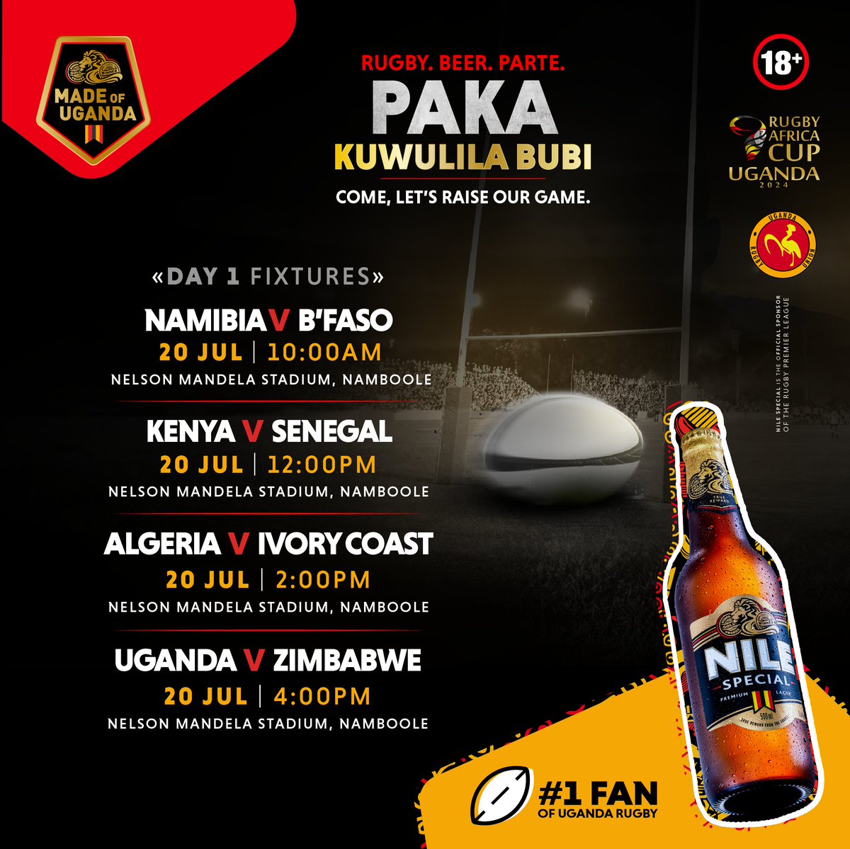 NileSpecial's tweet photo. 🏉

Here's how nations will face off on Match-Day 1 of #RugbyAfricaCup tournament.💪🏾

🇳🇦 vs 🇧🇫

🇰🇪 vs 🇸🇳

🇩🇿 vs 🇨🇮

🇺🇬 vs 🇿🇼

See you @NambooleStadium on Saturday.  #RugbyAfricaCupUg 🇺🇬 #RaiseOurGame #NileSpecialRugby https://t.co/ZuGxViPRPa
