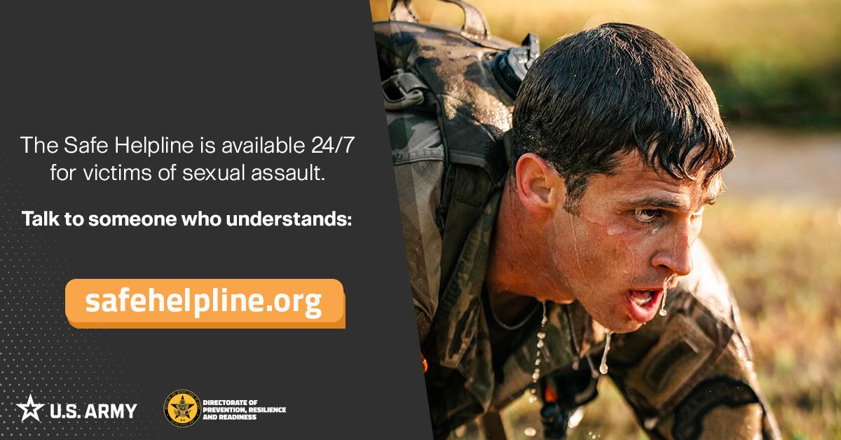 ArmyResilience's tweet photo. The DOD Safe Helpline is confidential and available 24/7 for victims of sexual assault. Talk to someone who understands. https://t.co/0NW3y30BIR #SHARP #SafeHelpline https://t.co/7TZiQt75P3
