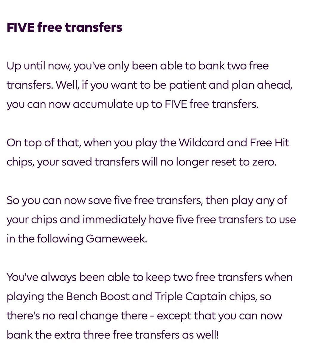 prasetyart_'s tweet photo. #FPLUpdate

Sekarang kita bisa nabung free transfer hingga 5x, yang tadinya cuma 2

Selain itu, nantinya free transfer yang ditabung juga tidak akan direset / hilang ketika kita menggunakan chip Wildcard / Bench Boost

Bagaimana menurut kalian guys? https://t.co/pxVwJZwvQg
