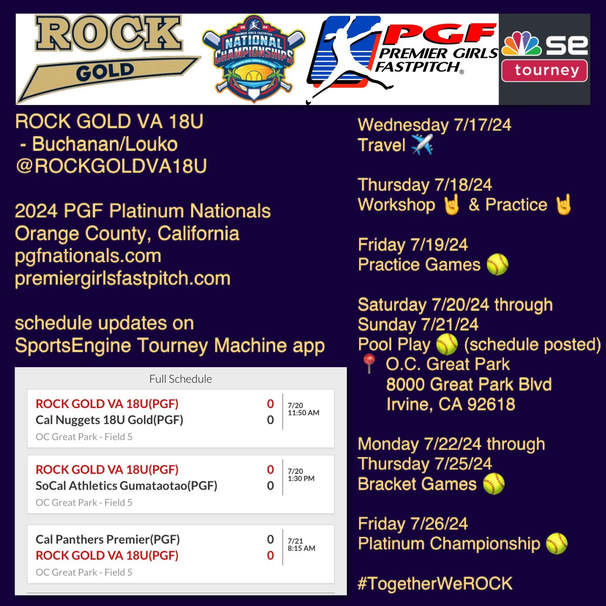 ROCKGOLDVA18U's tweet photo. Final summer stop on the ROCK tour is California for the #playPGF 2024 Premier Girls Fastpitch Platinum National Championship! 🤘🎸🥎 Catch ROCK GOLD VA 18U in action this weekend! Pool play at Great Park in Irvine

#BallOutAllOut
#StandinOnBusiness
#TogetherWeROCK
@PGFnetwork https://t.co/UsfxA2FJ1P
