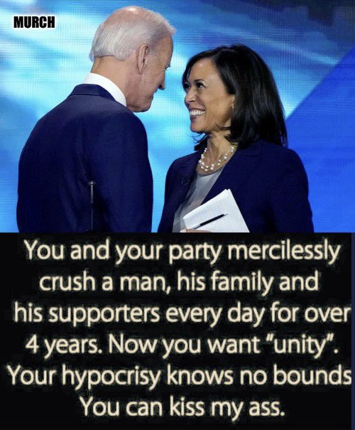TheEXECUTlONER_'s tweet image. Joe Biden, Kamala Harris and all the Democrats calling for unity after all the bs they have put Trump and his supporters through, can indeed kiss my a$$. 

Who feels the same? 🙋‍♂️