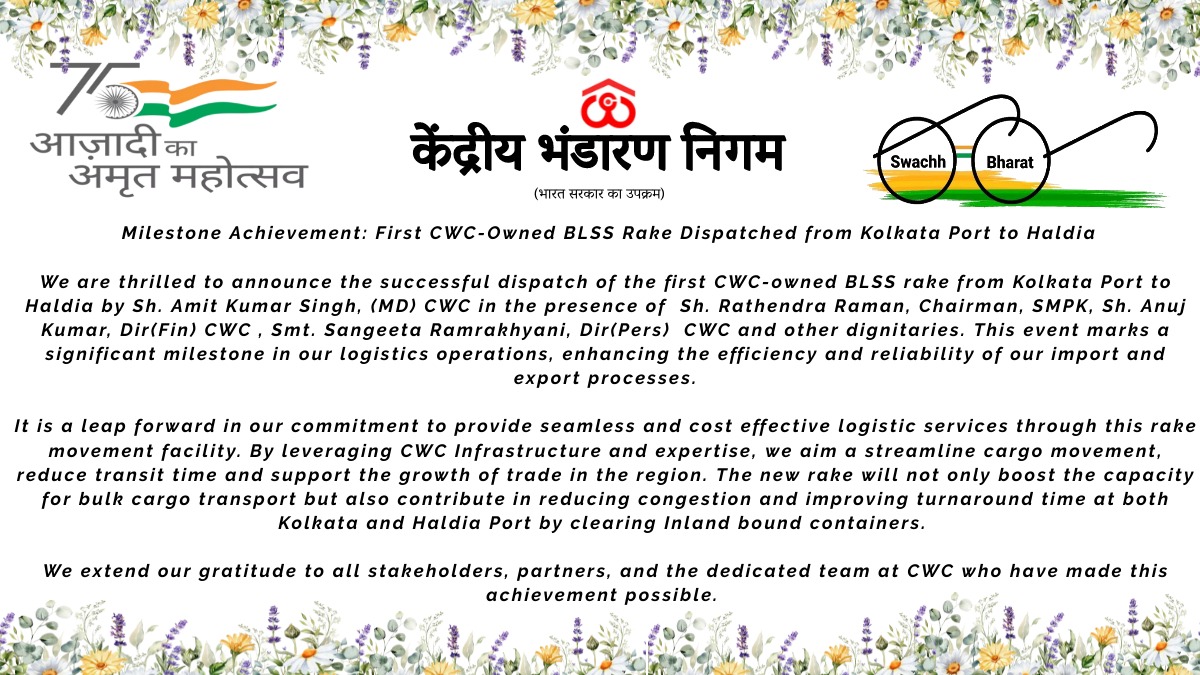 cwc_ro's tweet photo. Milestone Achievement:
We are thrilled to announce the successful dispatch of the first CWC-owned BLSS rake from Kolkata Port to Haldia by Sh. Amit Kumar Singh,(MD) CWC.
#CWC #IndianRailways #CWCRakeDispatch #KolkataPort #SMPK #Haldia #ImportExport #BulkLogistics #Phonex_Trader https://t.co/CQ28yq09ZO