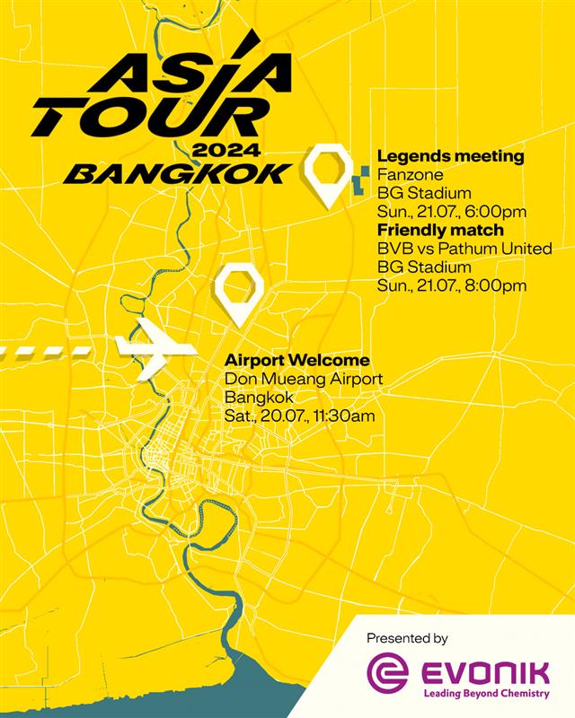 BVBThailandFC's tweet photo. 🇹🇭 20 กรกฎาคม 2567 11.30 น. -- กิจกรรมต้อนรับ -- ท่าอากาศยานดอนเมือง
🇹🇭 21 กรกฎาคม 2567 18:00 น. -- กิจกรรมแจกลายเซ็นต์ตำนานฟุตบอล แฟนโซน บีจี สเตเดี้ยม
🇹🇭 21 กรกฎาคม 2567 20:00 น. -- การแข่งขัน 114 เฉลิมฉลอง บีจี ปทุม ยูไนเต็ด x บีวีบี -- บีจี สเตเดี้ยม
#BVBAsianTour https://t.co/ZLnzvmWXO1