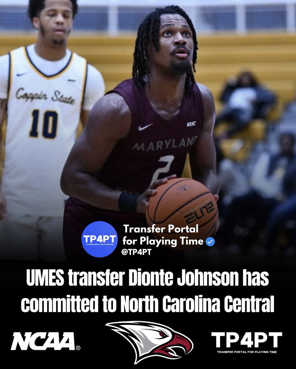 TP4PT's tweet photo. TP Commit: Maryland-Eastern Shore transfer Dionte Johnson has committed to North Carolina Central.

Johnson averaged 6.4 points, 3.6 boards, and 2.6 assists in 28 games last season for the Hawks.

#TP4PT #TransferPortal https://t.co/VF98h5Kyry
