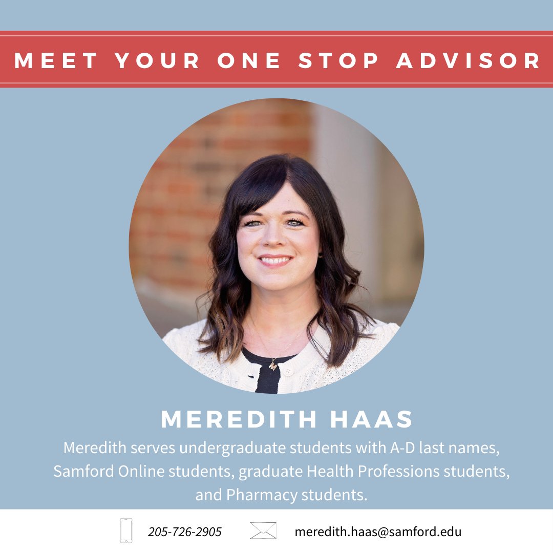 SamfordOneStop's tweet image. Over the next few weeks, we'll be introducing our team!

Meredith Haas is the One Stop Advisor for undergraduate students with A-D last names, Samford Online students, graduate Physical Therapy, Physician Assistant, and Speech Language Pathology students, and Pharmacy students.