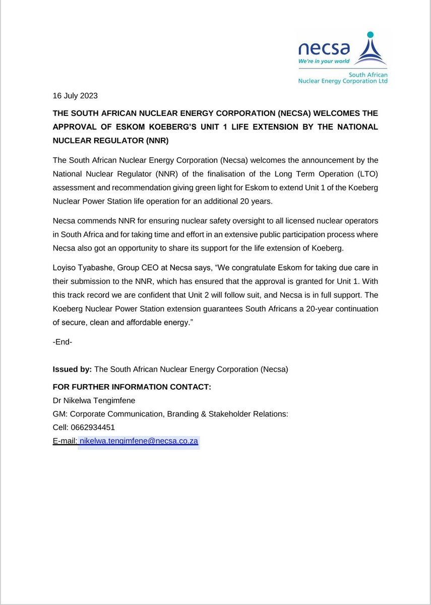 Necsa welcomes the announcement by the <a href="/NucRegSA/">NNR SA</a> granting <a href="/Eskom_SA/">Eskom Hld SOC Ltd</a> a license to continue operating Koeberg Nuclear Power Station Unit 1 for another 20 years until 21 July 2044. #NuclearForAfrica #CleanEnergy #SecureEnergy #AffordableEnergy