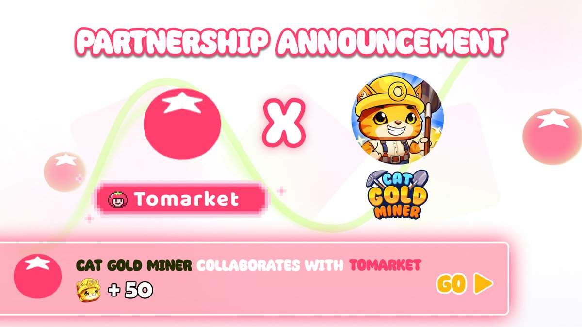 catgoldminer's tweet photo. 🎮 PLAY TO AIRDROP: https://t.co/kJGfAcP6Ga

🚀PARTNERSHIP ANNOUNCEMENT
📣Cat Gold Miner x Tomarket

🚀We are thrilled to announce that Cat Gold Miner has officially partnered with the advanced Tomarket

✔️Claim quest in [Social Quest]: 
Earn Quest: https://t.co/kJGfAcP6Ga get 50 $CATGM
✔️Go directly: 
Tomarket: https://t.co/rZrCigRKYX

*About Tomarket:*
Tomarket is a decentralized marketplace for new assets. 🍅

Buy and sell the newest asset classes
👉Protocol points
👉Real world assets (RWA)
👉Pre-market (Pre-Circulation Tokens)
👉Crypto/bond yield
👉Pre-vesting tokens

🤝 Together, we are unstoppable! 🤝

#CatGoldMiner #PlayToAirdrop #Hackathon #TheOpenLeague #TON