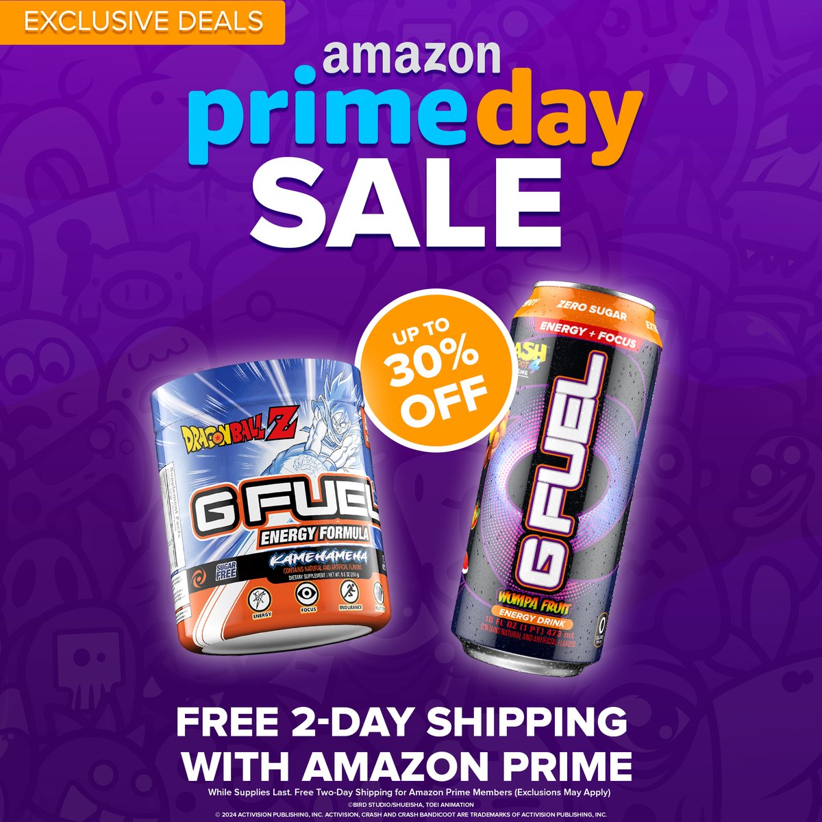GFuelEnergy's tweet photo. 💜 𝗟𝗜𝗞𝗘 + 𝗥𝗧 TO WIN A #GFUEL TUB OR 12 PACK OF YOUR CHOICE! 🤩 2 WINNERS PICKED ON THURSDAY IN HONOR OF #PrimeDay2024! 📦 

🥵 GET UP TO 30% OFF + FREE 2 DAY PRIME SHIPPING! ⤵️ https://t.co/jBoyMw7am3